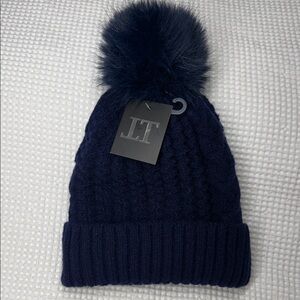 NWT - Navy Knit Beanie with Pom Pom - Fleece Interior - o/s